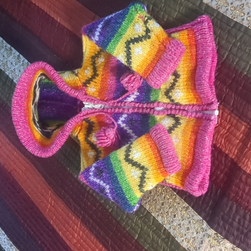 Handmade knit cowichan style boho rainbow wool  zip front hooded baby sweater